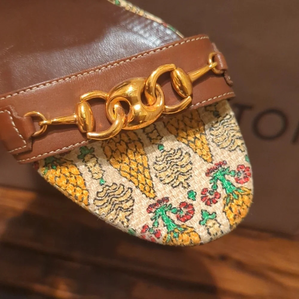 Gucci horsebit pineapple print brown leather d'Orsay vintage‎ heels size 6.5 - Picture 9 of 9